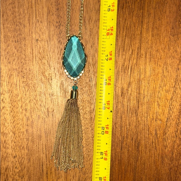 🟨Gold Tone and Teal Pendant Necklace with Tassel. 32” chain + pendant. - Picture 6 of 10